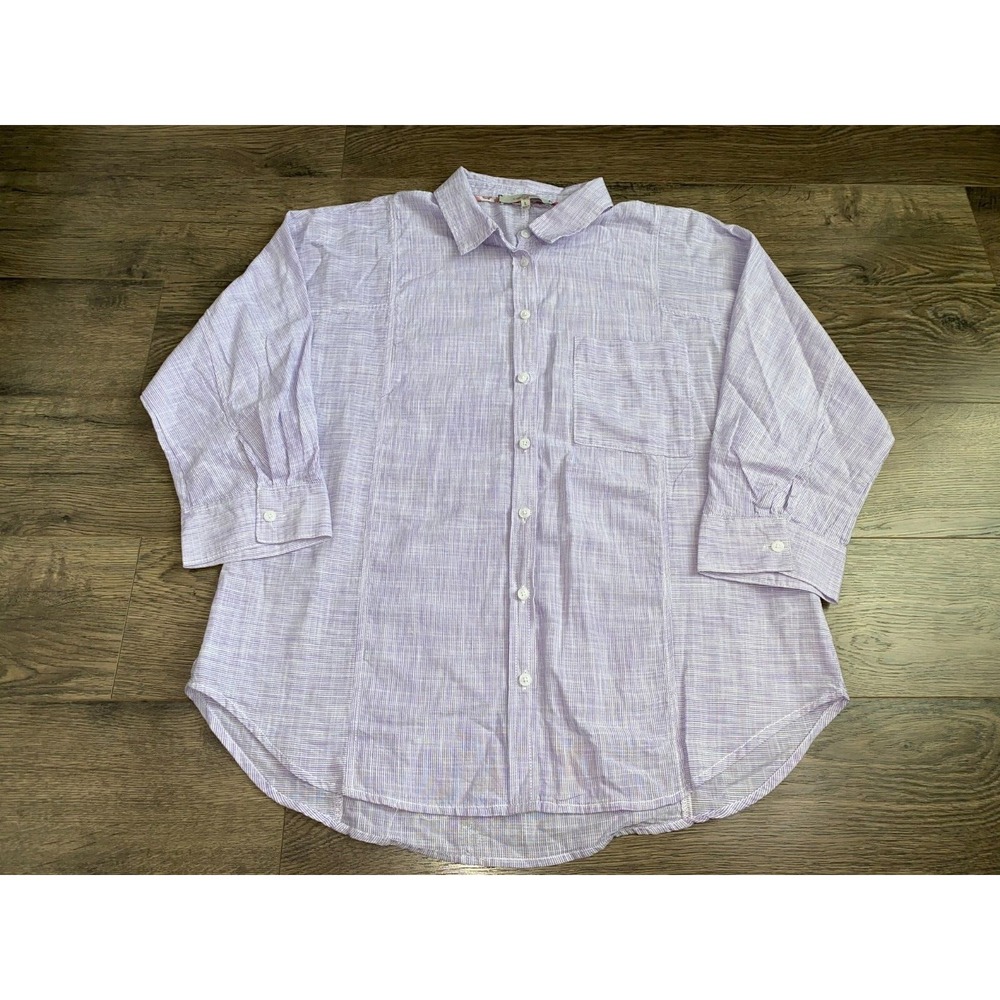 EUC Womens Casa Cabana‎ 3/4 sleeve purple stripe button up 100% cotton size L
